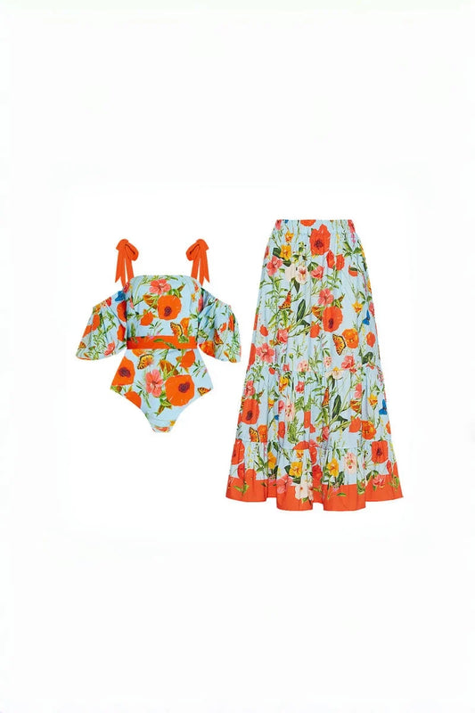 Floral Puff Sleeve Bandeau One-Piece Swimsuit