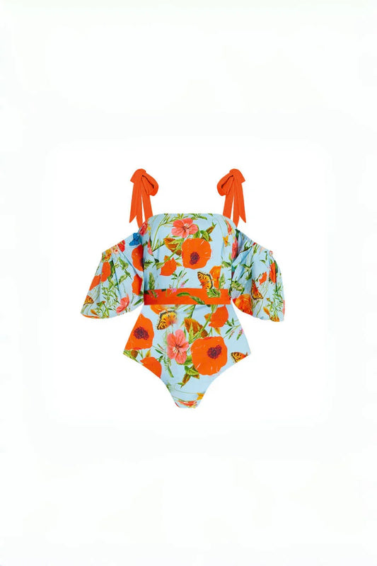 Floral Puff Sleeve Bandeau One-Piece Swimsuit