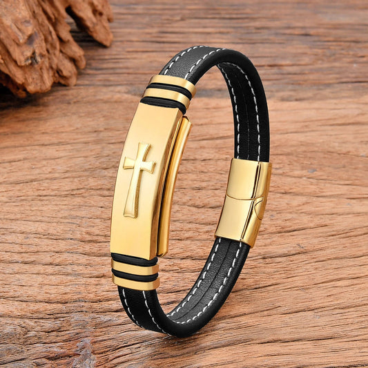 Pulsera Cruz - Cuero y Acero